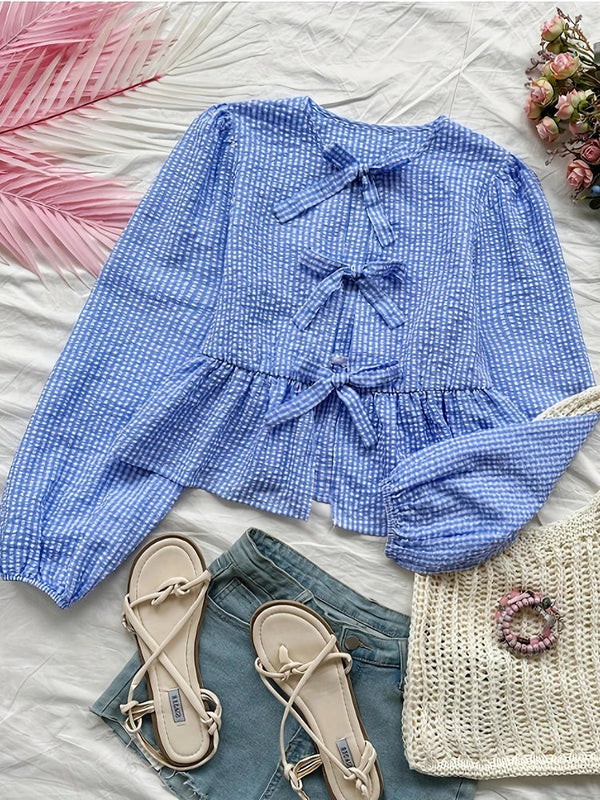 Round Neck Bow Decoration Casual Holiday Long Sleeve Shirt Women's Cute Bow Pom Pom Spring Spring Long Sleeve Top