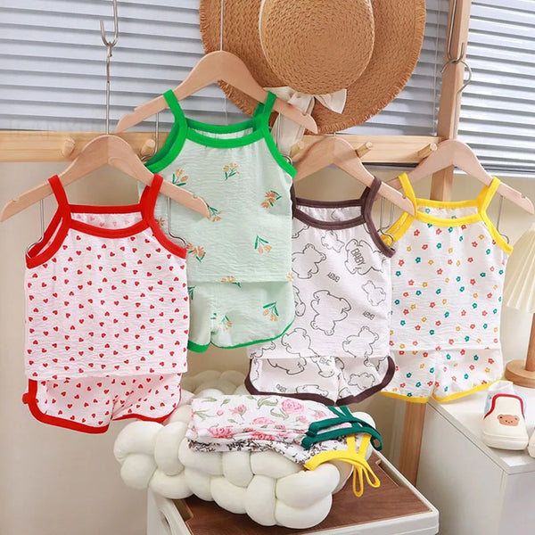 Summer Children Sling Shorts Set Fashion Flower Girls Kids Cotton Thin Breathable Pajamas Cute Cartoon Baby Toddler Home Clothes