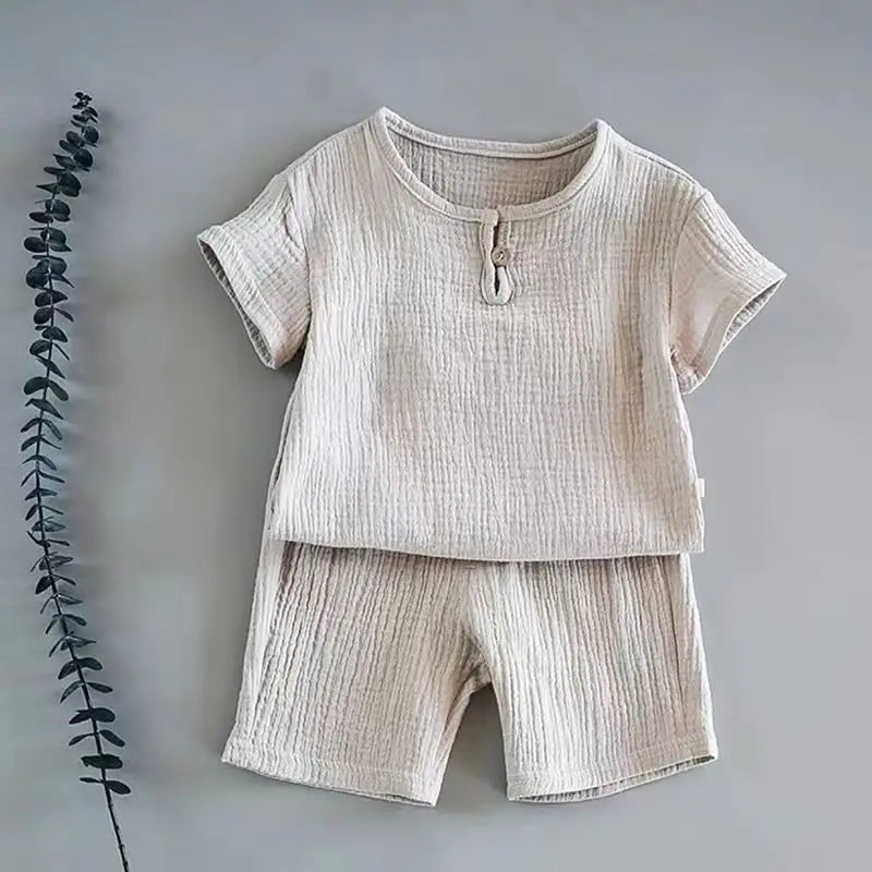 Summer Children's Clothing Set for 0-7Y Boys & Girls Cotton Linen Muslin Suit T-shirt Tops + Shorts 2pcs Baby Loungewear Outfit