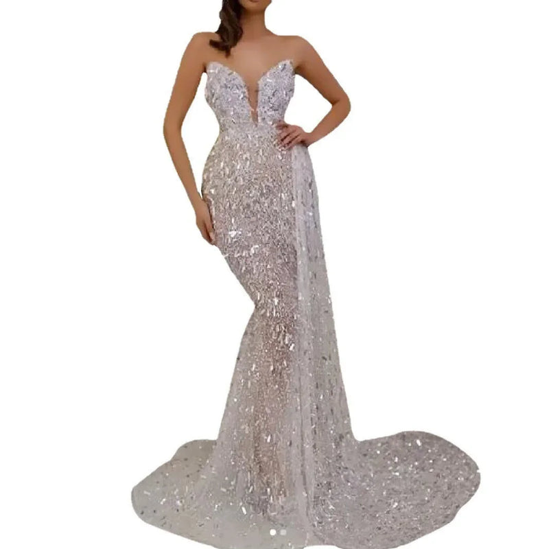 New Women's Clothing Europe America Foreign Trade Sexy V-Neck Silver-Color Long Dress Ebay Amazon Cross-Border Style
