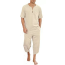 2025 Men's Hip Hop Cotton Linen Sets Comfort Breathable Men Casual Sport 2 PCS Sets Fashion V-neck Short Sleeve Tops+Pants Suit