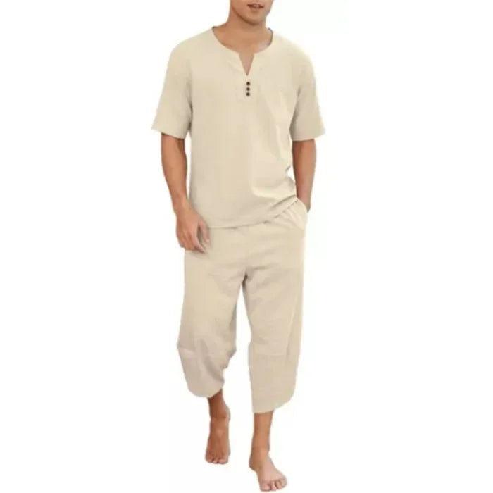 2025 Men's Hip Hop Cotton Linen Sets Comfort Breathable Men Casual Sport 2 PCS Sets Fashion V-neck Short Sleeve Tops+Pants Suit