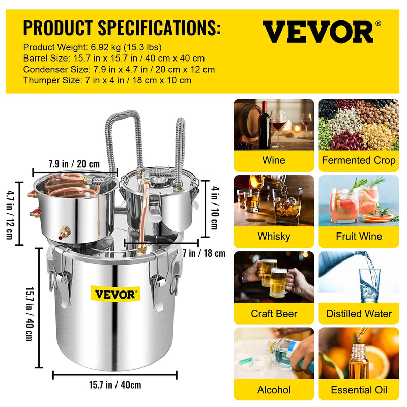 VEVOR 3/5/8/13.2 Gal Alcohol Brewing Distiller DIY Moonshine Apparatus Stainless Steel Still Whisky Beer Brandy Home Appliance