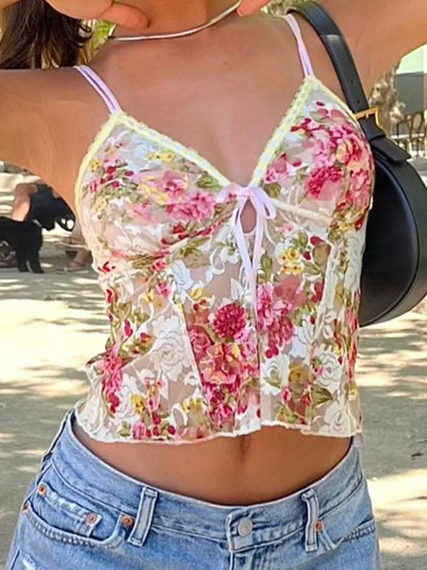 Women Spaghetti Strap Camisoles Floral Print V-Neck Tie-Up Front Sleeveless Sling Tank Tops Slim Fit Vests Crop Tops Y2k Summer