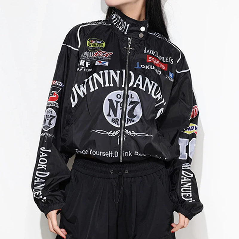Autumn Spring Print Racing Thin Jacket Coat Women Men Casual Zipper Long Sleeve Black Vintage Outerwears