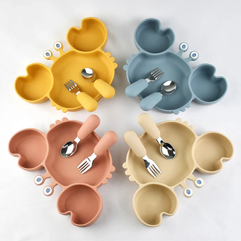 3Pcs/Set Baby Safe Silicone Dining Plate Food Feeding With Spoon Fork Cartoon Children Dishes Prevent Tipping Over And BPA Free