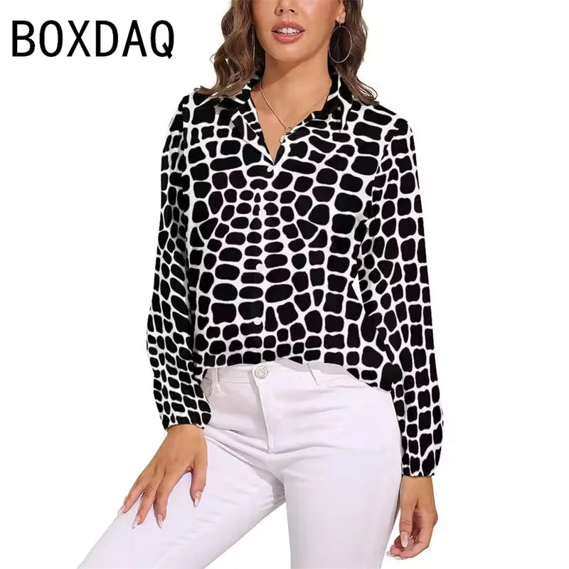 Blue Snakeskin Printed Vintage Blouse Oversize Women's Spring Summer Long Sleeve Lapel  Blouses Fashion OL Female Classic Shirt