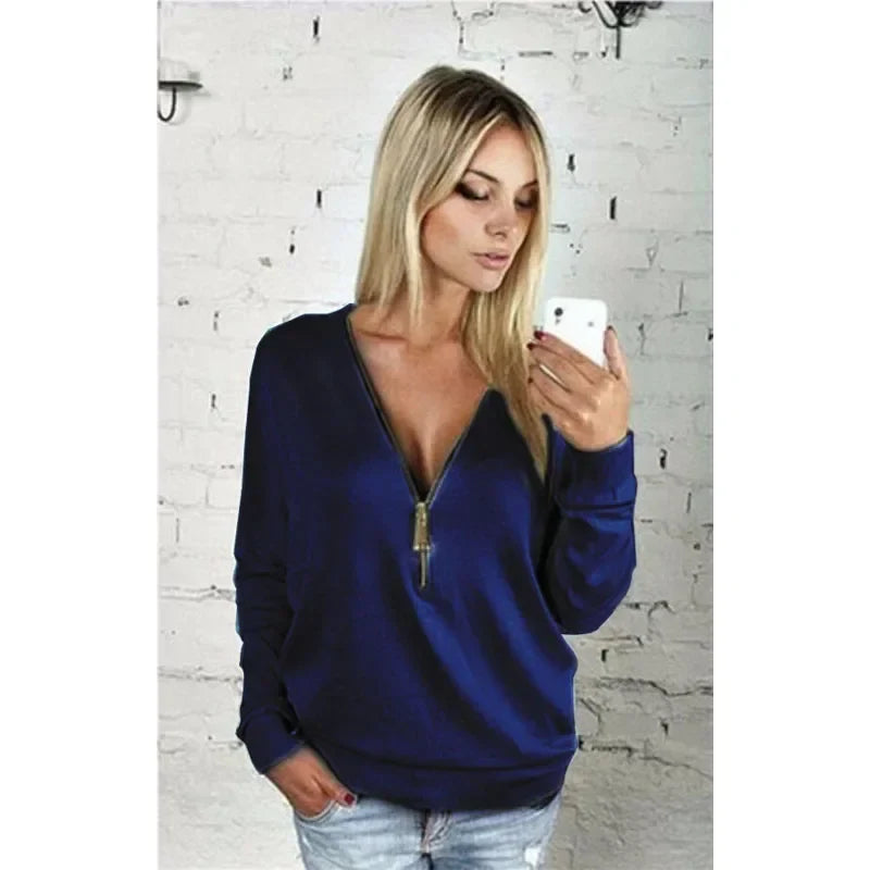 2025 Autumn Casual T-shirt Fashion Women Long Sleeve Tshirts Vintage Zipper V-neck Soft Top Bottoming T-shirt New