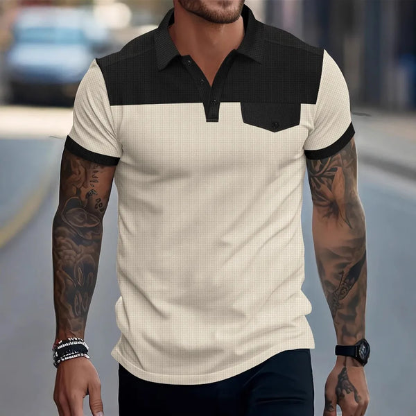 2025 new cross-border men's short-sleeved spliced waffle pocket POLO shirt lapel casual men's wear
