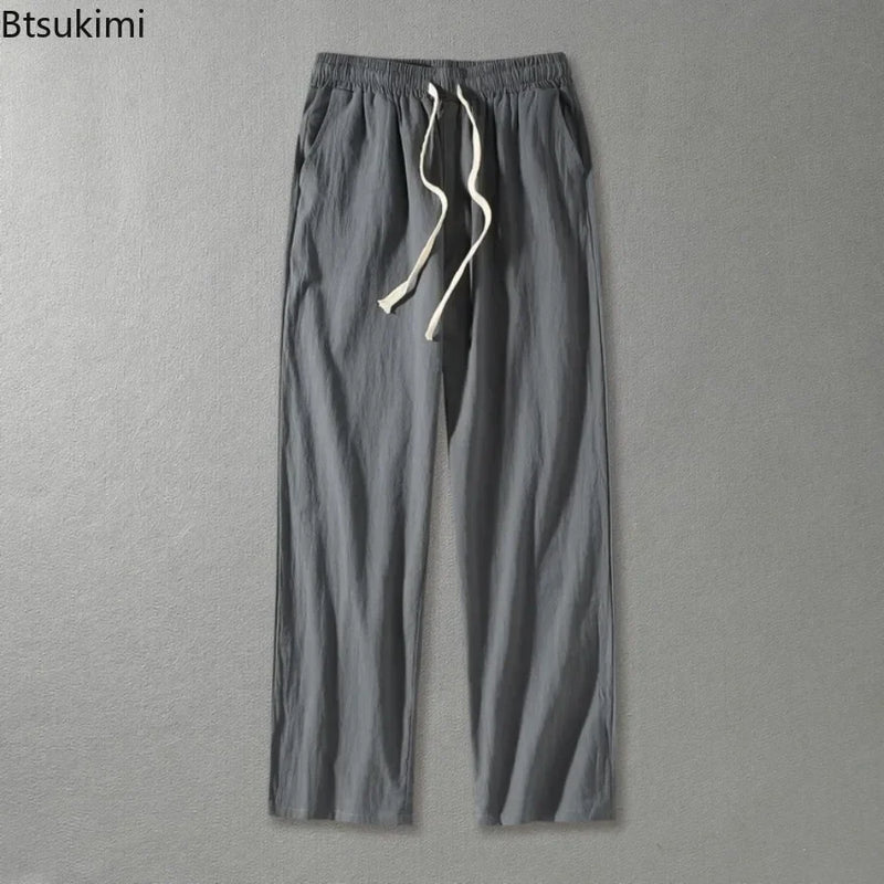 Plus Size 8XL 9XL Pants Men's Solid Cotton Linen Loose Casual Trouser Fashion Drawstring Straight Joggers Vintage Sweatpants Men