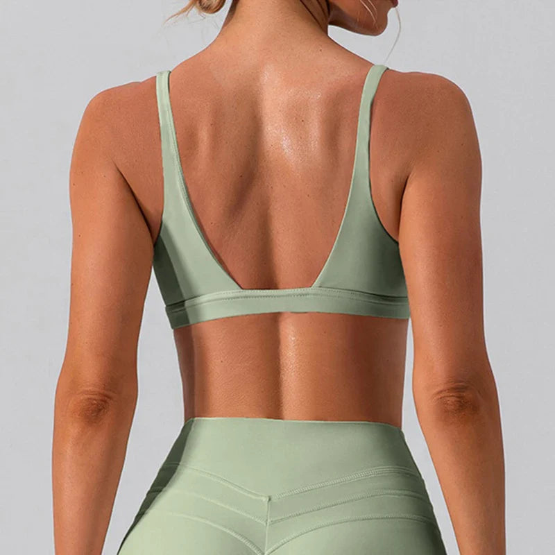 Women Soft Slimming Shockproof Quick Dry Supportive V Neck Running Bra Gym Sports Running Fitness Yoga Bra