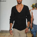 Oversized Loose Knitted Thin Sweaters for Men Fashion V-neck Long Sleeved Casual Knit Pullover Tops Men's Versatile Sweater Tops