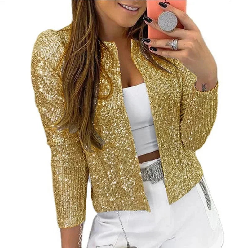Fashionable round Neck Pure Color Sequin Jacket Short Casual Versatile Women's Spring New Arrival Outerwear Punk Style Coat