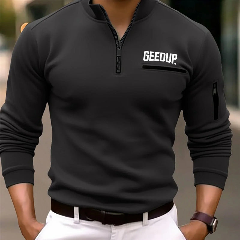 Men's Long-Sleeved Casual Sports Polo Shirt Spring Autumn Comfortable Printed T-Shirt with Arm Zipper Pocket Fashion Top