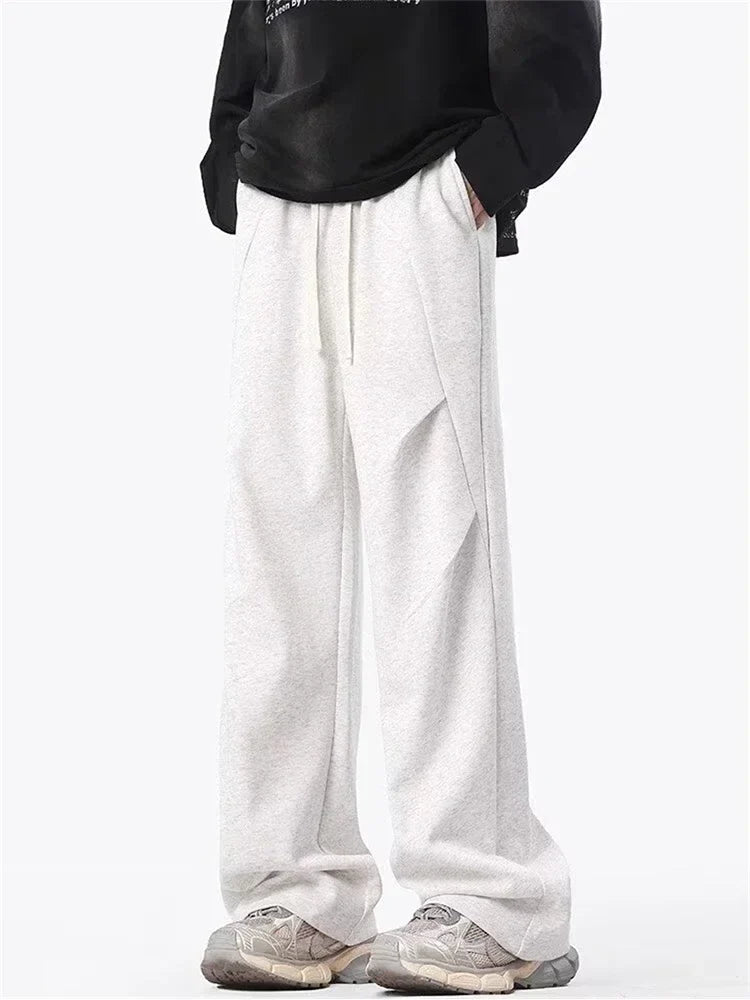 New Korean Fashion Pleated Wide-leg Sweatpants For Men Hip Hop Solid Color Baggy Pants Y2K Streetwear Gray Straight Trousers