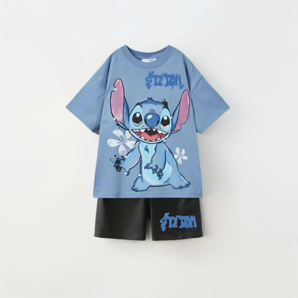 2025 Summer Kids Sets Disney Stitch Printed Tops Tee Shirts For Boys Casual Pullover Clothes Casual Two Piece Suit Child Sets