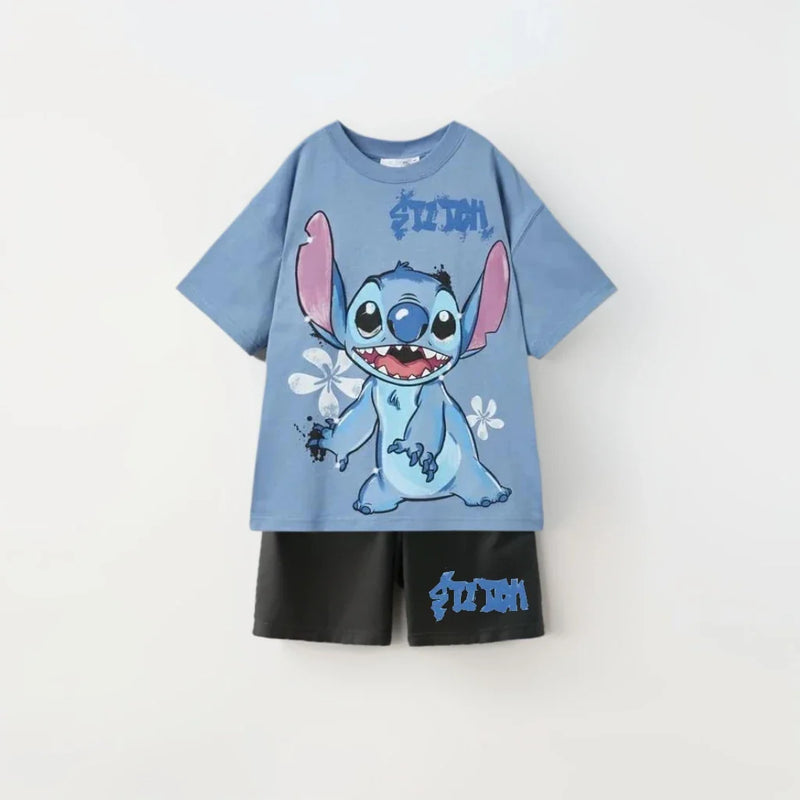 2025 Summer Kids Sets Disney Stitch Printed Tops Tee Shirts For Boys Casual Pullover Clothes Casual Two Piece Suit Child Sets