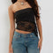 Women Summer Lace Flower Tube Top Y2K Skinny Tank Tops Black Sleeveless Off Shoulder Irregular Asymmetrical Bandeau Crop Top