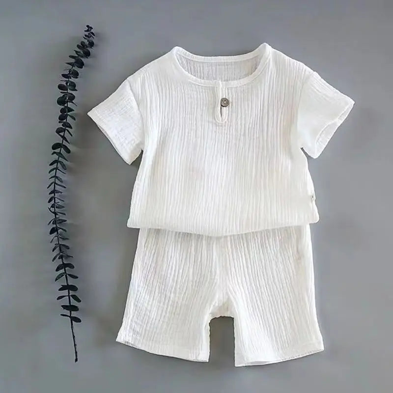 Summer Children's Clothing Set for 0-7Y Boys & Girls Cotton Linen Muslin Suit T-shirt Tops + Shorts 2pcs Baby Loungewear Outfit