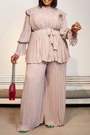 Women's Plus Size Two Piece Pant Set Casual Apricot Pleated Long Sleeves Wrap Elegant Office Lady Wide Leg Autumn Matching Sets