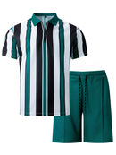 2025 summer new men's striped daily casual short-sleeved shorts two-piece sports casual men's suit