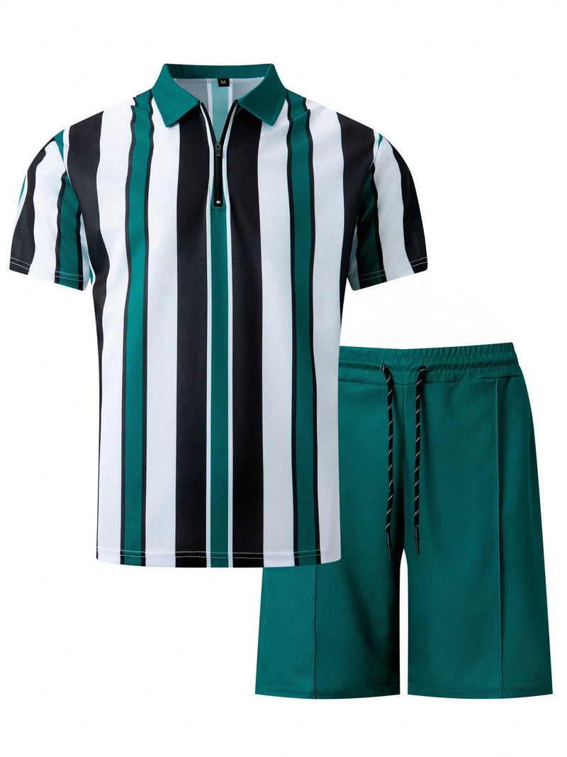 2025 summer new men's striped daily casual short-sleeved shorts two-piece sports casual men's suit