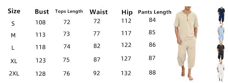 2025 Men's Hip Hop Cotton Linen Sets Comfort Breathable Men Casual Sport 2 PCS Sets Fashion V-neck Short Sleeve Tops+Pants Suit