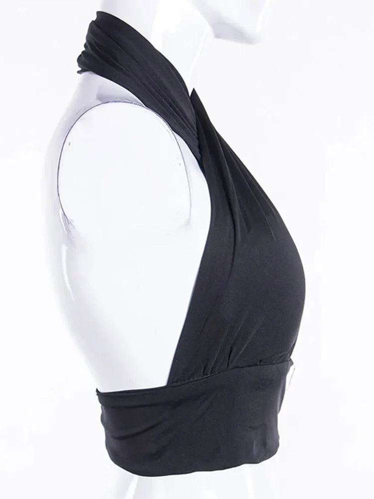 Women Strappy Cross Over Front Cut Out Halter Neck Sleeveless Backless Crop Top Bandage Vest Summer Sexy Tops Woman Clothes S-XL