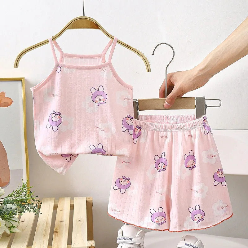 Sling+Shorts Suit Summer Girl's All Cotton Pajamas Infantil Cartoon Printed Sleeveless Home Clothes Fashion Cute Vest Two Piece