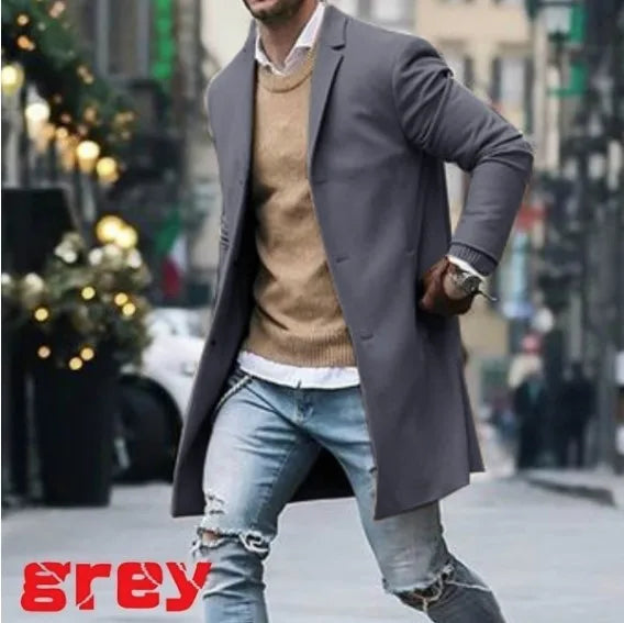 2023 Autumn/Winter New Solid Color Men's Mid length Woolen Coat Slim Fit Large Single breasted Windbreaker