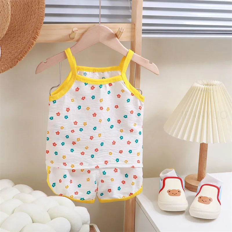 Summer Children Sling Shorts Set Fashion Flower Girls Kids Cotton Thin Breathable Pajamas Cute Cartoon Baby Toddler Home Clothes