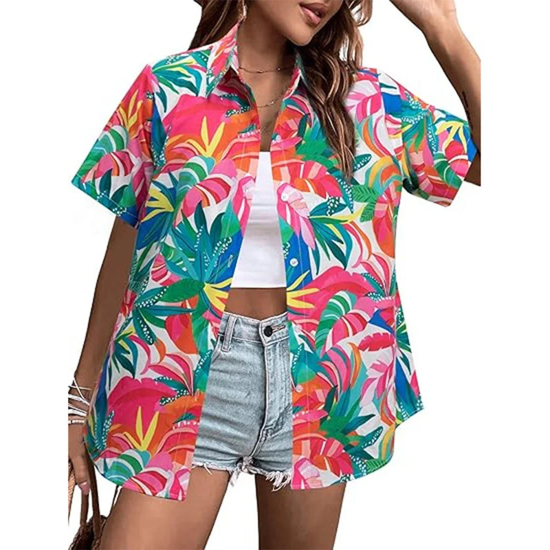 New Women's Short Sleeve T-shirts Fashionable 3d Floral Printed Casual Hawaii Style Basic Tops Lapel Short Sleeve Shirt Summer
