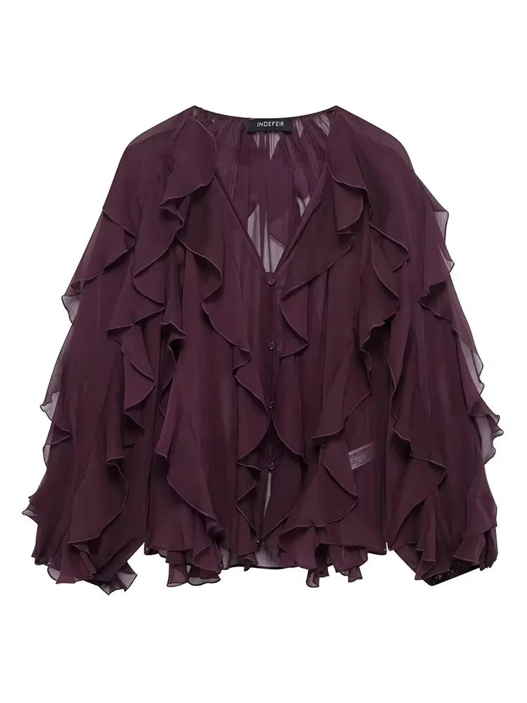 TFMLN Sexy Women Translucent Ruffles Blouses 2025 New Fashion V-neck Single Breasted Tierred Causal Tops Beach Style Solid Shirt