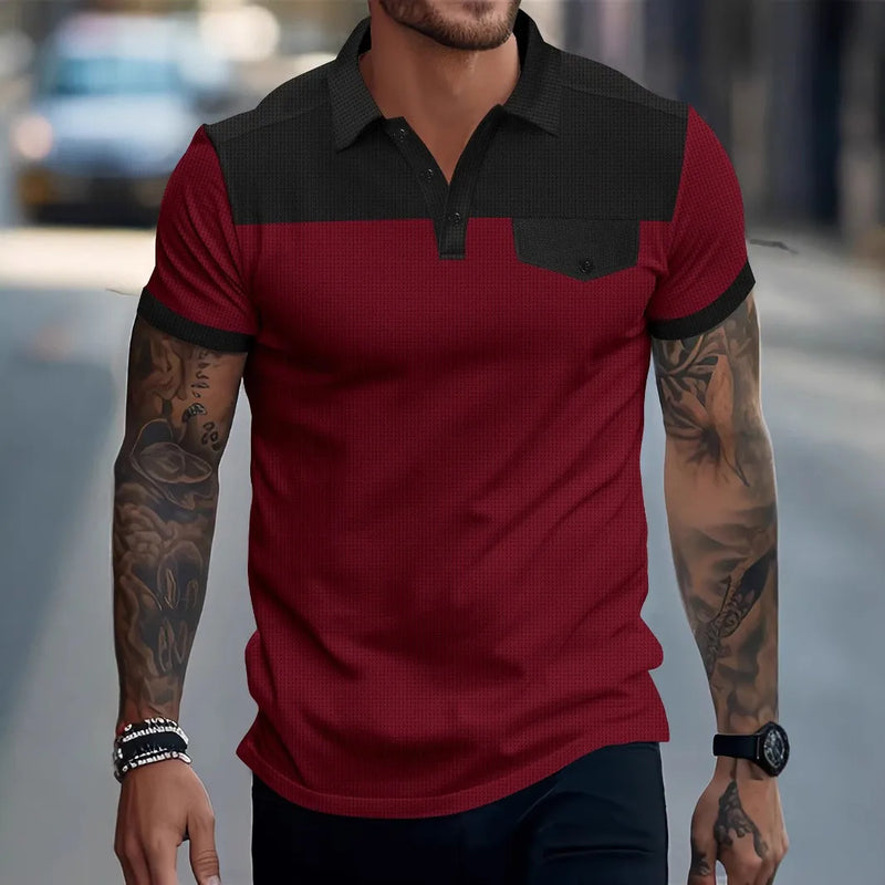 2025 new cross-border men's short-sleeved spliced waffle pocket POLO shirt lapel casual men's wear