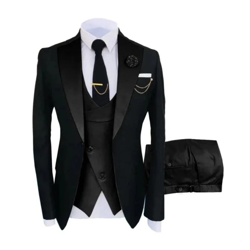 Men Suits 3 Pieces Tailored Best Man Groom Wedding Tuxedo Slim Fit Jacquard Two-color Blazer Jacket  Vest Pants Tuxedo Clothing