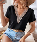 Women's Blouses Spring Summer Latest 2025 V-Neck Lace Casual Solid Color Shirt Short Sleeved T-Shirt Loose Fit Top Pullover