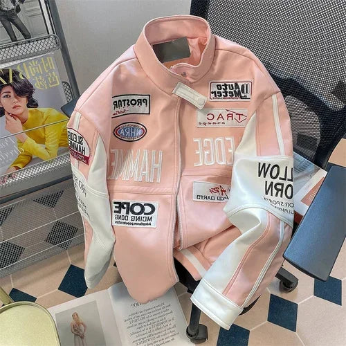 Hip Hop Women Leather Motorcycle Jacket American Pink Jacket Y2K Stitching High Quality Embroidered Windproof Jackets