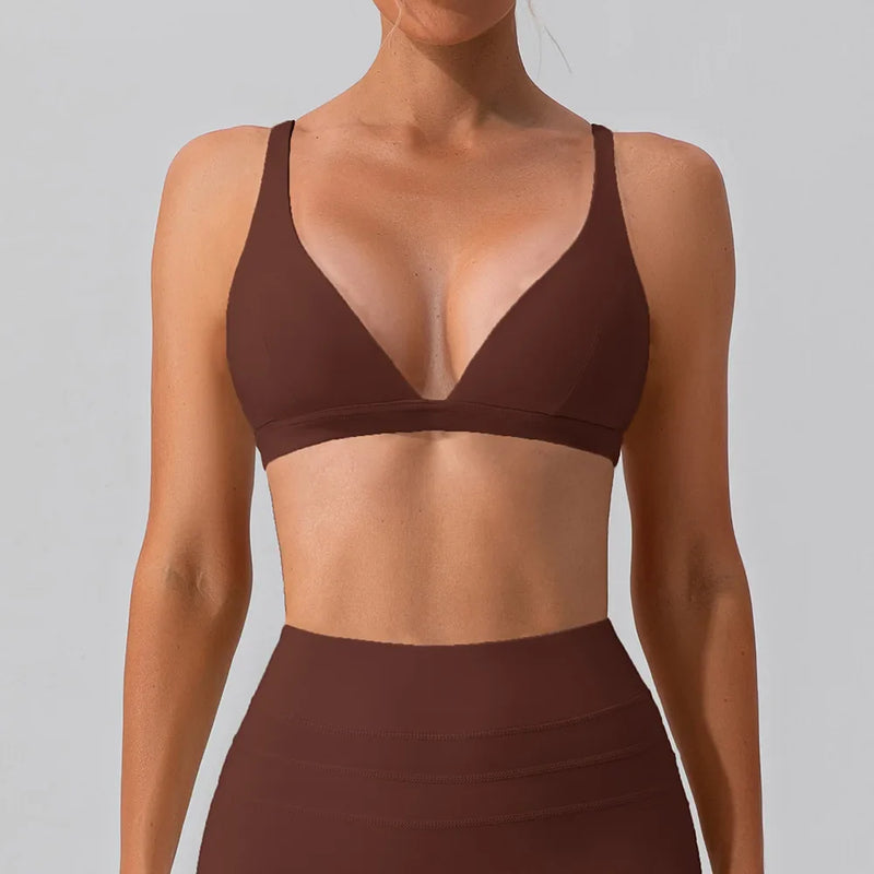 Women Soft Slimming Shockproof Quick Dry Supportive V Neck Running Bra Gym Sports Running Fitness Yoga Bra