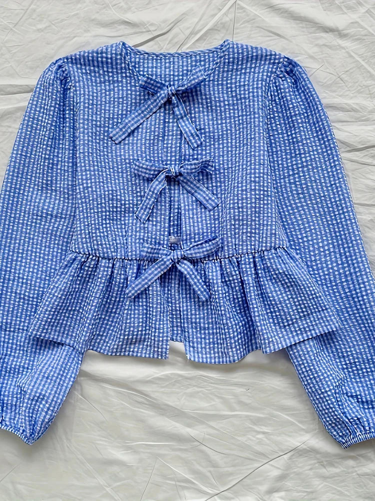 Round Neck Bow Decoration Casual Holiday Long Sleeve Shirt Women's Cute Bow Pom Pom Spring Spring Long Sleeve Top
