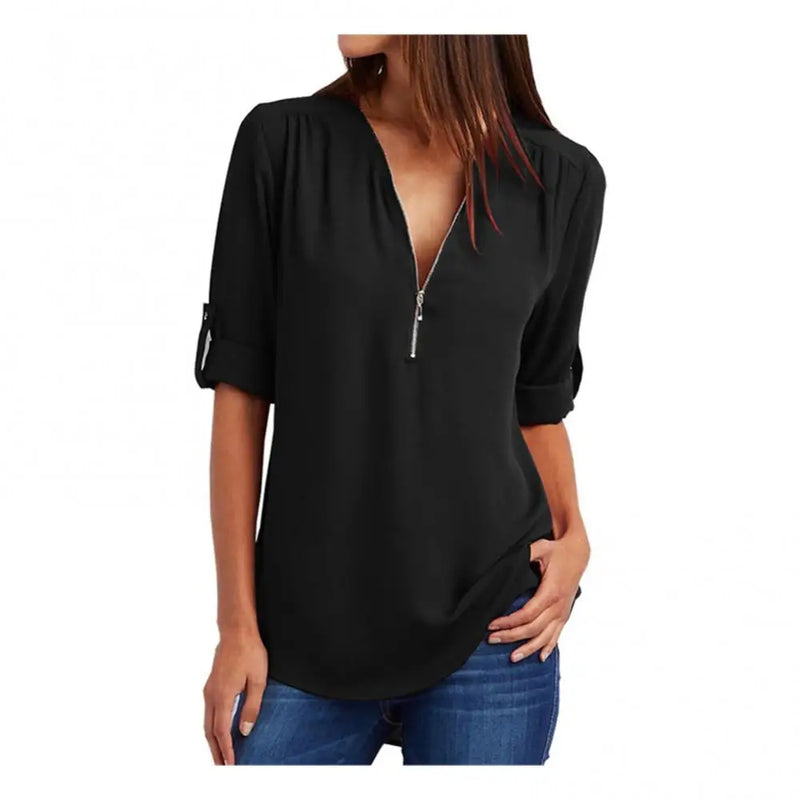 S-5XL Ladies Loose Blouse Chiffon Shirt Zipper V-Neck Half Sleeve Shirts Casual Office Lady Sexy Blouse Shirt Tops Multi Colors
