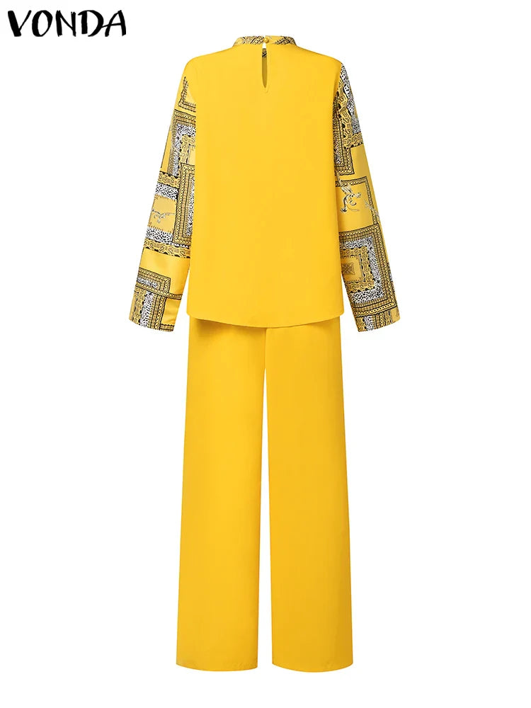Plus Size VONDA Women Elegant Printed Pant Sets 2024 Autumn Long Sleeve Tops and Long Trousers Casual Streetwear Matching Sets