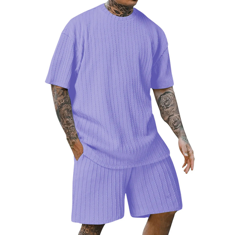 Men's crew neck T-shirt two-piece new style spring and summer striped yarn woven outdoor sports casual short-sleeved suit