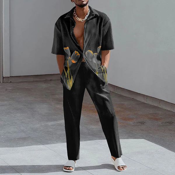 New Spring/Summer Fashion Shirt Set Men's 3D Printed Collar Short Sleeve Casual Solid Color Set Hawaiian Shirt Holiday Men's Set