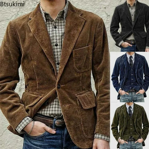 2025 Autumn Winter Men's Coat Jackets Corduroy Casual Suits With Shoulder Pads Fashion Lapel Long-Sleeved Solid Jacket Models