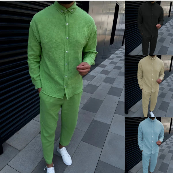 Spring and autumn men's cotton and linen lapel comfortable casual shirt set fashion long sleeve cargo pants solid color two-piec
