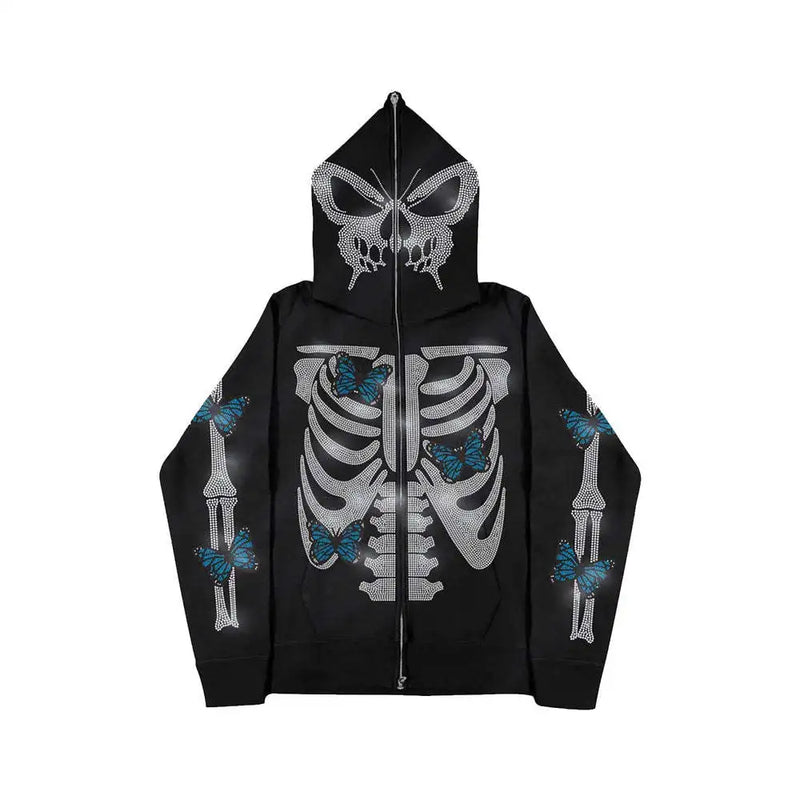 Fashion Mens Streetwear Hot Drilling Cross Hoodies Vintage Oodie Black Skeleton Hoodie Oversized Full Zip Hooded Sweatshirt