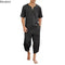 2025 Men's Hip Hop Cotton Linen Sets Comfort Breathable Men Casual Sport 2 PCS Sets Fashion V-neck Short Sleeve Tops+Pants Suit