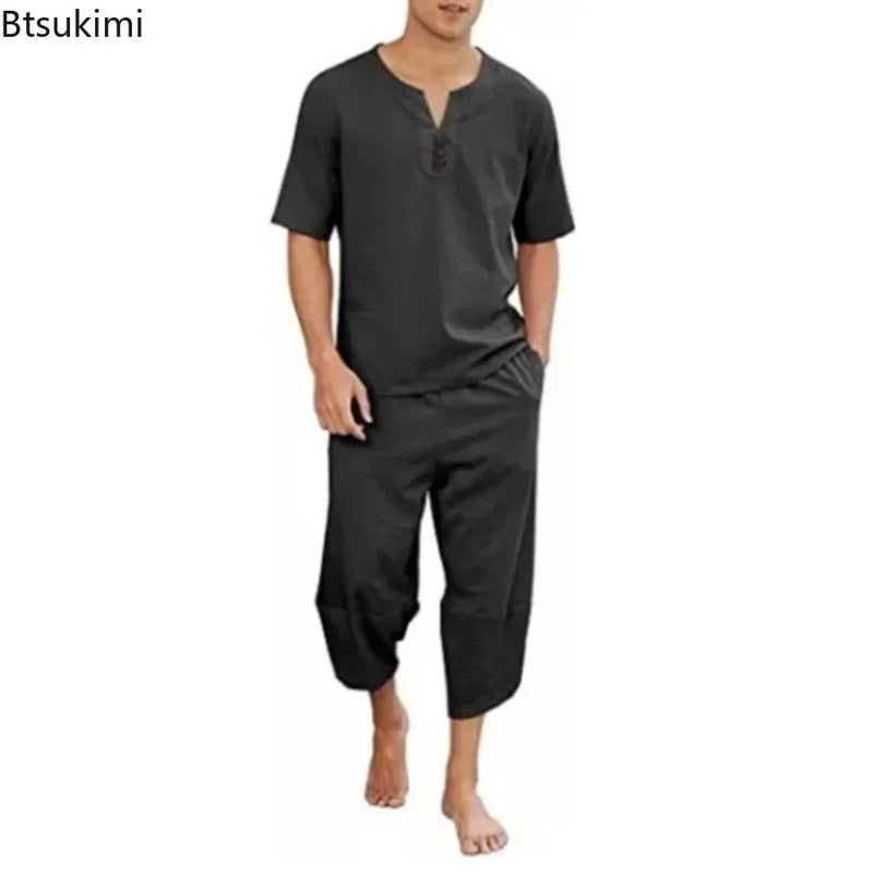2025 Men's Hip Hop Cotton Linen Sets Comfort Breathable Men Casual Sport 2 PCS Sets Fashion V-neck Short Sleeve Tops+Pants Suit