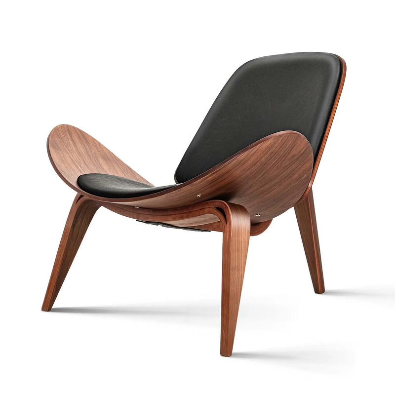 Mid Lounge Replica Solid Wood Three-Legged Shell Chair Ash Plywood Black Faux Leather Living Room Furniture Modern Leisure Chair