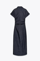 Retro Deep Blue Fold Women Denim Maxi Dress Fashion Short Sleeve V Neck Button Slim Fit Long Dresses Lady New Commute Chic Robes